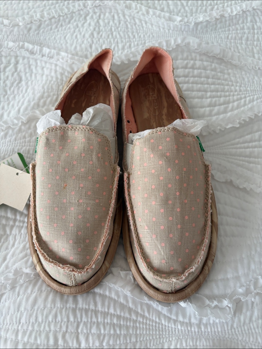 Sanuk Beige Canvas Slip-On Flats with Pink Polka Dots